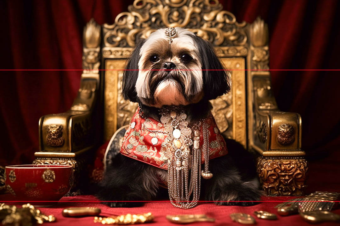 Shih Tzu Tibetan Royalty on Gold Dog Thrown wearing royal jewelry